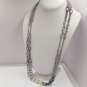 Elegant Silver and Pearl Necklace 60" Extra Long